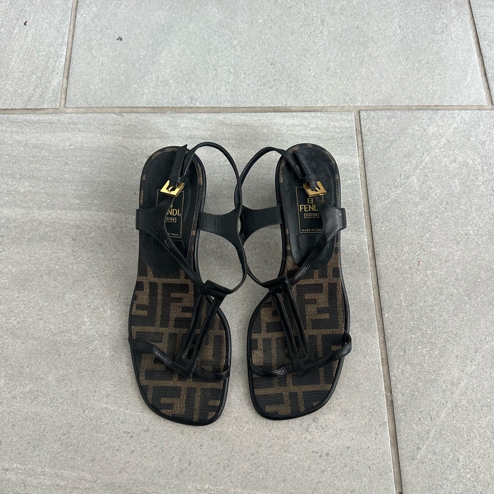 Vintage Fendi Black FF Logo Strap Sandals - Women's